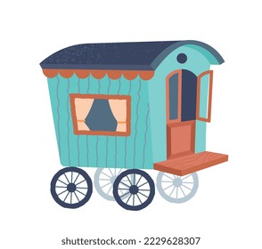 Icono del coche de acampada. Una furgoneta elegante para viajes, estilo de vida activo, turismo. Pegatina para redes sociales y mensajeros. Tienda de madera o casa móvil. Plantilla y diseño. Dibujo vectorial plano de dibujos animados