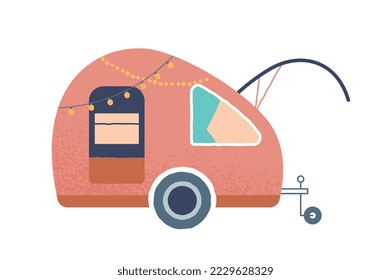 Camping car icon. Van with fishing rod for traveling and fishing, equipment for hiking. Active lifestyle and outdoor rest, Hiking and adventure. Poster or banner. Cartoon flat vector illustration
