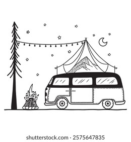 Camping car at night with moon and star, with tent and fire. Vector line art