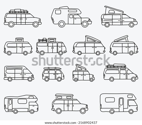 Camping car and recreation vehicle\
doodle freehand drawing collection. Vector\
illustration.