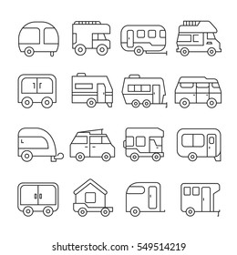 Camping Car And Recreational Vehicle Icons Outline On White Background