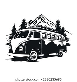 Camping car - retro van on mountains background. Camping adventure concept. RV Camper Home. Simple black silhouette graphic. Cartoon style. Vector illustration on white isolated background.