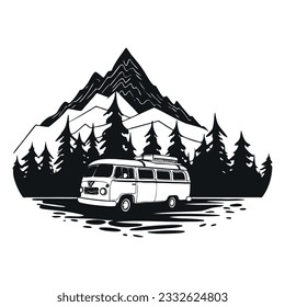 Camping car - Retro-van auf Berghintergrund. Camping Adventure Konzept. RV Camper Home. Einfache Schwarze Silhouette-Grafik. Cartoon-Stil. Vektorgrafik auf weißem, isoliertem Hintergrund.