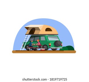 Camping in car rooftop tent. adventure trip in outdoor illustration concept in flat cartoon vector