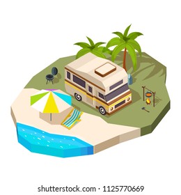 Camping car at the sea. Vector isometric composition. Travel sea, trip and tourism, summer caravan trailer illustration