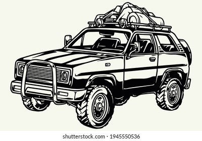 Camping car with tourist equipment baggage in vintage monochrome style isolated vector illustration