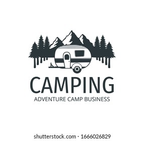 camping car trailer in the middle of jungle of pine trees for outdoor camp adventure vector logo design template