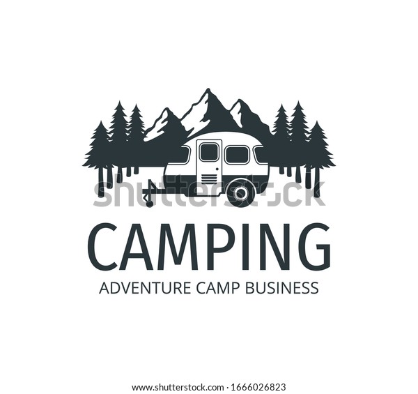 camping car trailer\
in the middle of jungle of pine trees for outdoor camp adventure\
vector logo design\
template