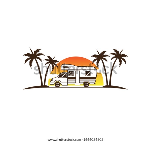 camping car and trailer standing in sunset beach\
with the palm trees for summer holiday camping vector logo design\
template