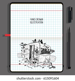 Camping Car. Travel and Recreation Time Concept. Vector Notebooks with Fine Liner Pen and Hand Drawn Doodles.