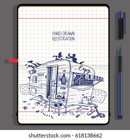 Camping Car. Travel and Recreation Time Concept. Vector Notebooks with Fine Liner Pen and Hand Drawn Doodles.