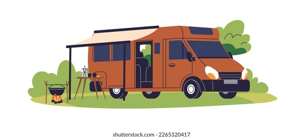 Camping car, travel van. RV, motorhome with tent. Recreational camper vehicle with shelter in nature on summer holiday, outdoor vacation. Flat vector illustration isolated on white background