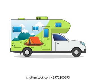Camping car vector illustration of tent, landscape image.