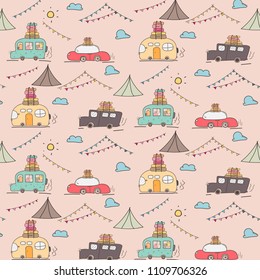 Camping Car Vector Pattern Background.