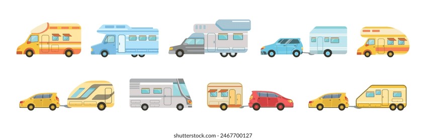 Camping Caravan and Recreational Vehicle with Car Vector Set