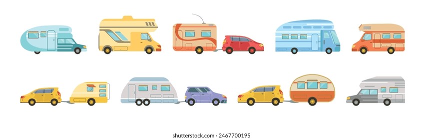 Camping Caravan and Recreational Vehicle with Car Vector Set