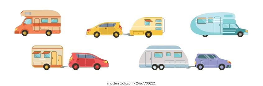 Camping Caravan and Recreational Vehicle with Car Vector Set