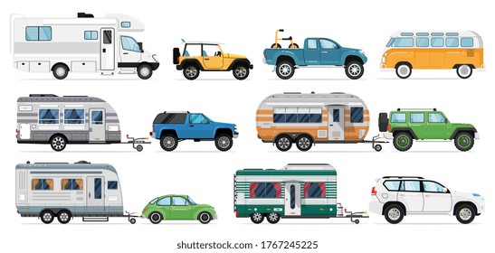 Camping caravan set. Travel car icons. Isolated RV camper, caravan, motorhome, van, camping trailer, automobile vector collection. Tourism transport recreational vehicle, mobile home, transportation