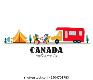 Camping caravan transportation vector float illustration, Travel car for outdoor summer active leisure isolated on white, RV camper with family and cats, motorhome, van, camp trailer, automobile