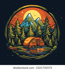 Camping in a caravan in the wild in the countryside. Cartoon vector illustration.