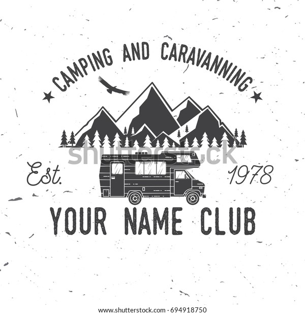 Camping and caravaning\
club. Vector illustration. Concept for shirt or logo, print, stamp\
or tee. Vintage typography design with Truck Camper and mountain\
silhouette.