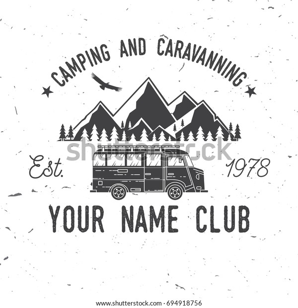 Camping and caravaning\
club. Vector illustration. Concept for shirt or logo, print, stamp\
or tee. Vintage typography design with Truck Camper and mountain\
silhouette.