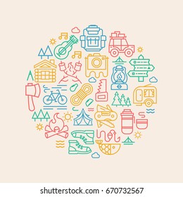 Camping card with camp icons color line style such us bicycle, camper, backpack, tent, fish, fire, trees, guitar, sun, car, knife, photo camera for decoration, t shirt print, poster, banner, kids camp