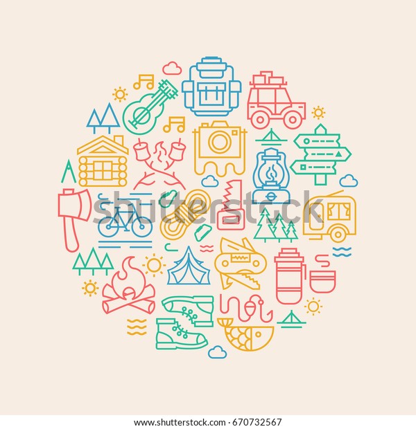 Camping card with camp icons color line style such
us bicycle, camper, backpack, tent, fish, fire, trees, guitar, sun,
car, knife, photo camera for decoration, t shirt print, poster,
banner, kids camp