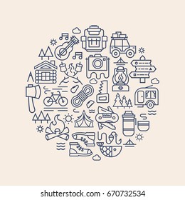 Camping card with camp icons line style such us bicycle, camper, backpack, tent, fish, fire, trees, guitar, sun, car, knife, camera for decoration, poster, banner, t shirt print, kids camp