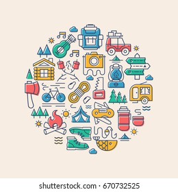 Camping card with camp icons such us bicycle, camper, backpack, tent, fish, fire, trees, guitar, sun, car, knife, photo camera color style for decoration, poster, banner, t shirt print, kids camp