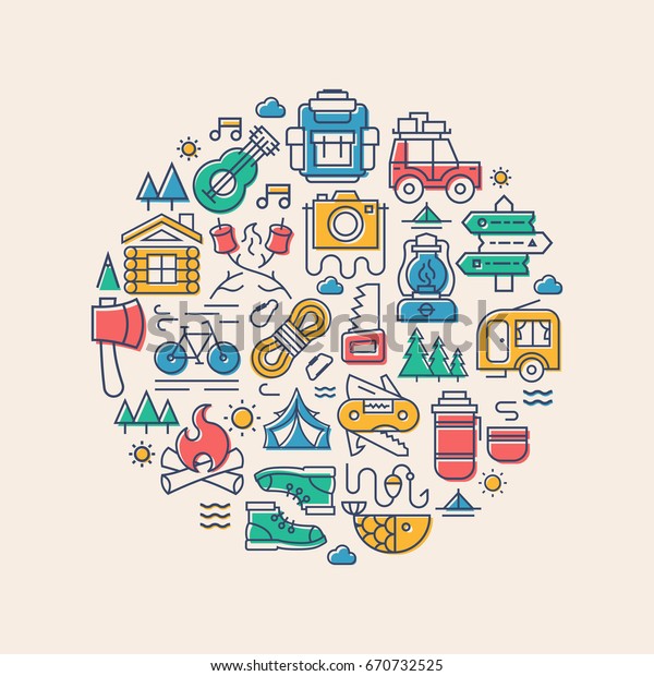 Camping card with camp icons such us bicycle,\
camper, backpack, tent, fish, fire, trees, guitar, sun, car, knife,\
photo camera color style for decoration, poster, banner, t shirt\
print, kids camp