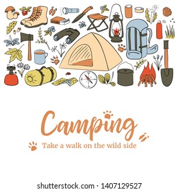 Camping card template. Take a walk on the wild side. Hiking icons colored sketch style set. vector collection. frame on top text, copy space. Vector illustration. For prints, posters, flyer, flier