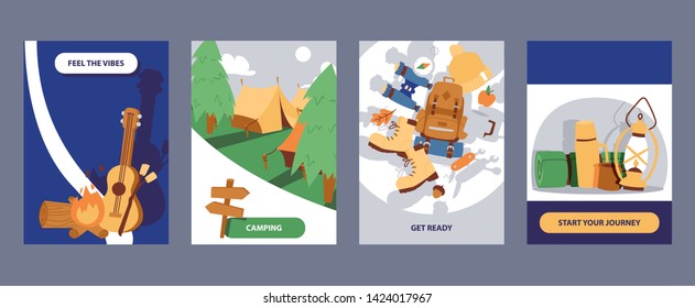 Camping cards set vector illustration. Cartoon hiking outdoor elements. Feel the vibes. Get ready. Start your journey. Camp and hike gear banner, poster. Binoculars tent appliances.