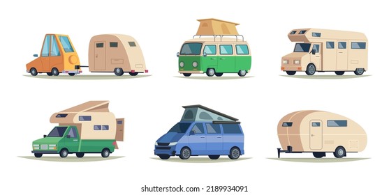 Camping cars. Vintage caravan vehicles for outdoor camp travelling road vacation happy tourism symbols exact vector cartoon pictures