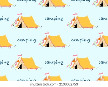 camping cartoon character seamless pattern on blue background.Pixel style