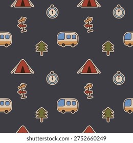Camping cartoon so cute. On van tent tree compass road sign background. Pattern seamless vector illustration. 