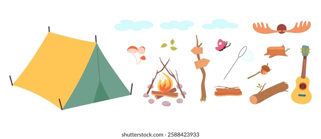 Camping cartoon elements. Isolated tent, fire, wooden log, leaves and destination sign. Net for butterfly, clouds and mushroom, vector landscape clipart