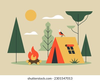 Camping. Cartoon forest landscape with trees, tent, campfire, clouds with sun. Nature tourism vector scene. Hiking, adventure.