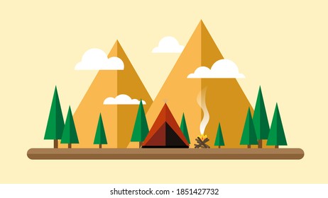 Camping cartoon illustration  , flat design landscape during a sunny day with mountain , tent and campfire . Camping 