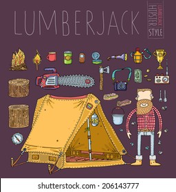 Camping. Cartoon lumberjack.  Hipster