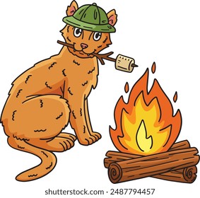 Camping Cat Roasting Marshmallows Cartoon Clipart 