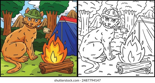 Camping Cat Roasting Marshmallows Illustration