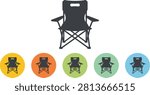 Camping chair icon set representing folding picnic chair outdoor lawn furniture or portable seat for adventure vector illustration