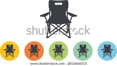 Camping chair icon set representing folding picnic chair outdoor lawn furniture or portable seat for adventure vector illustration
