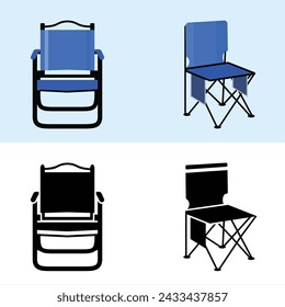 Silla De Camping Ilustraciones Vector Clip Art Con Elementos, Viaje Cómodo Silla De Pesca Aislado. Diseño de dibujos animados 