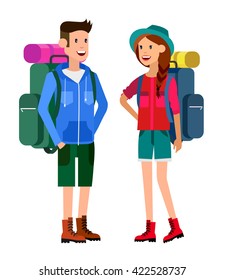 camping characters. Morning landscape in the mountains. Men and woman tourists. Weekend in the tent. Hiking Vector flat illustration