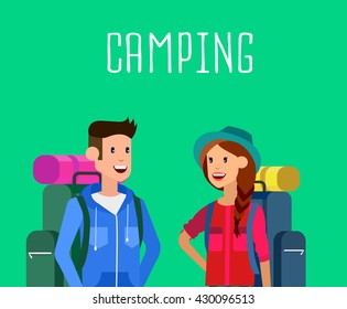 camping characters. Morning landscape in the mountains. Men and woman character camping tourists. Camping Weekend in the tent. Hiking and camping. Vector camping flat illustration