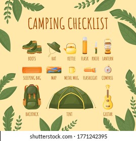 Camping checklist flat color vector informational infographic template. Essentials. Poster, booklet, PPT page concept design with cartoon objects. Advertising flyer, leaflet, info banner idea