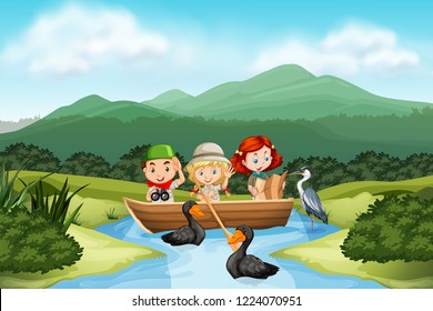 Camping children in the nature illustration