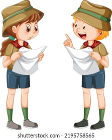 Camping children reading map illustration